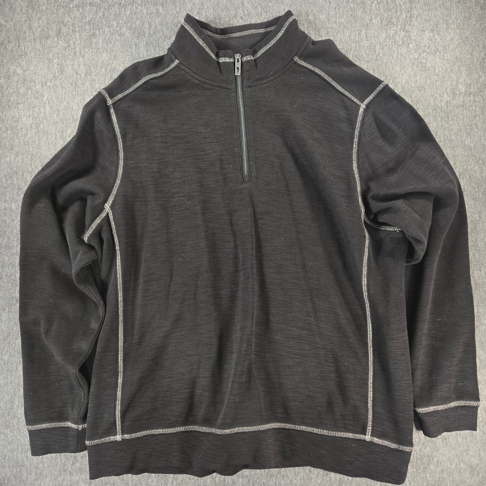 Tommy Bahama Pullover Mens XL Black 1/4 Zip Contrast Stitch Pima Cotton Tencel